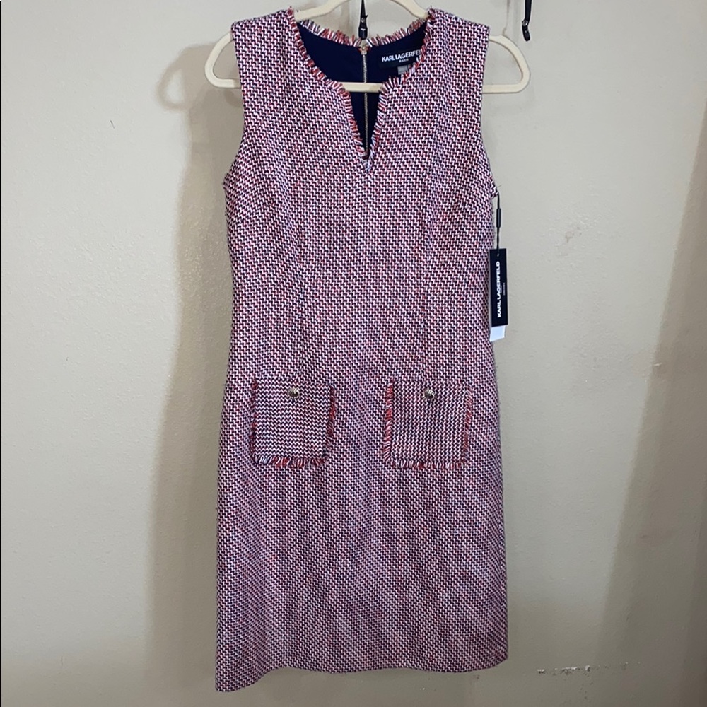 Karl Lagerfeld Red and Blue Sheath Dress V-Neck